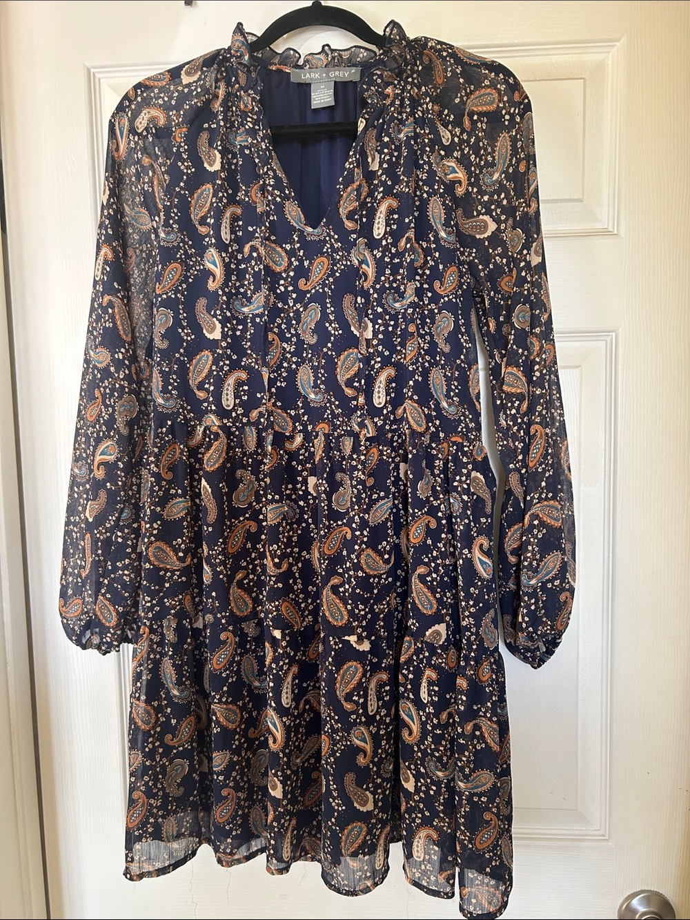 Navy Paisley Long-Sleeve Tiered Dress